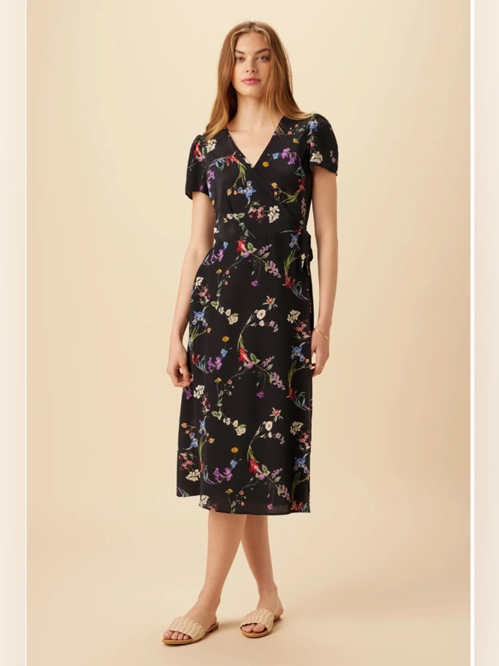 Amour Vert Ellie Washable Silk Dress in Navy Floral, Medium